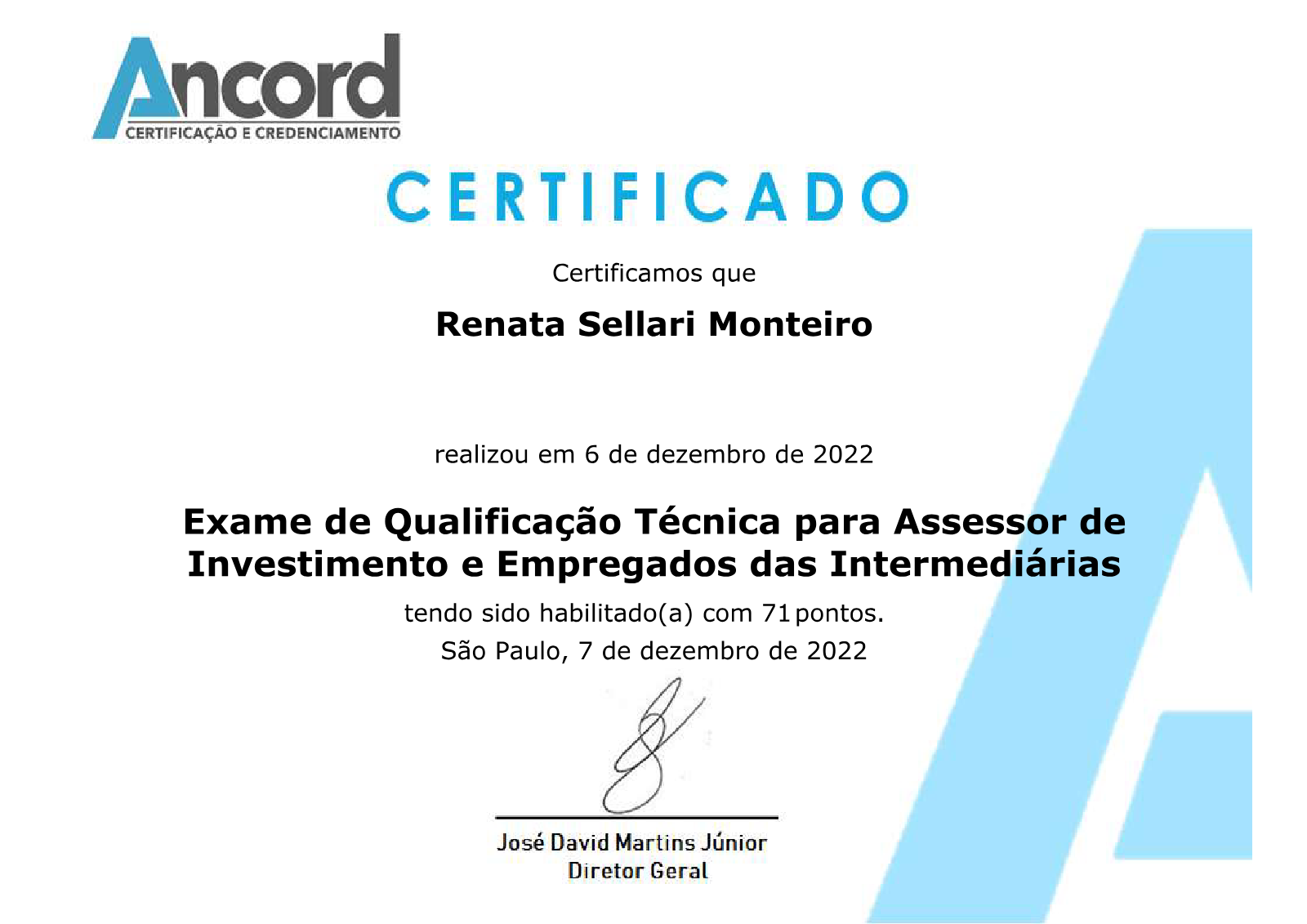 Certificado ANCORD de qualificação técnica