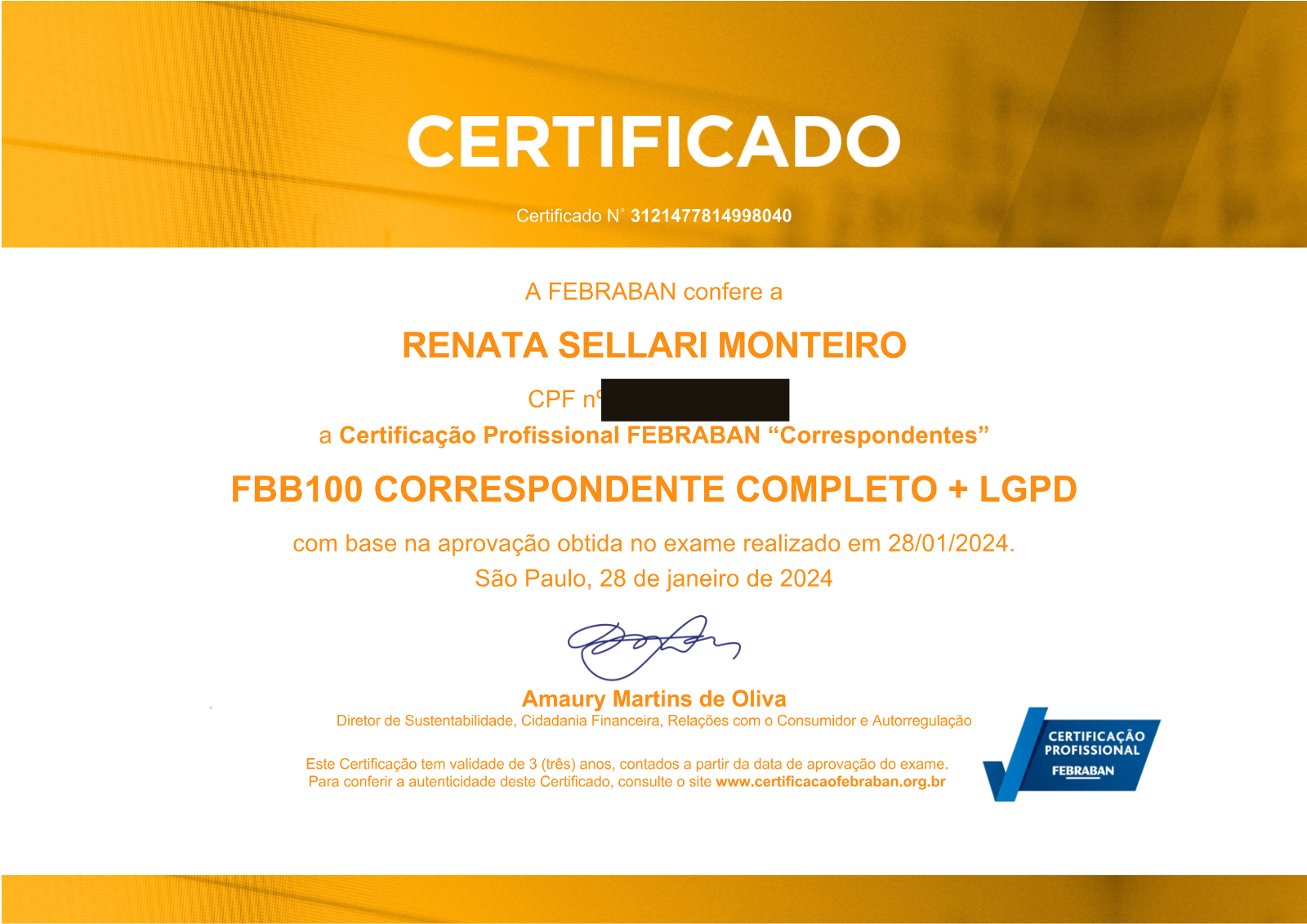 Certificado FEBRABAN FBB100 com LGPD